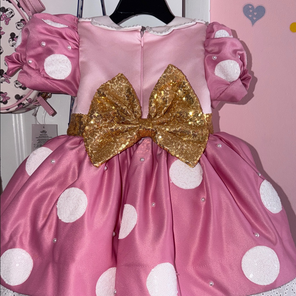 Disney Pink Polka Dot Dress With Gold Sequin Bow